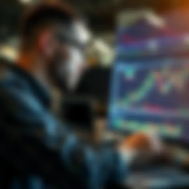 Conceptual illustration of a trader analyzing virtual currency market trends on a digital platform