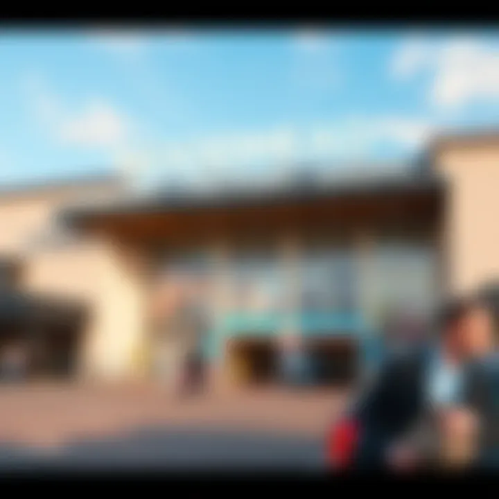 Entrance to Woodmead Factory Shops featuring storefronts and shoppers under a clear sky