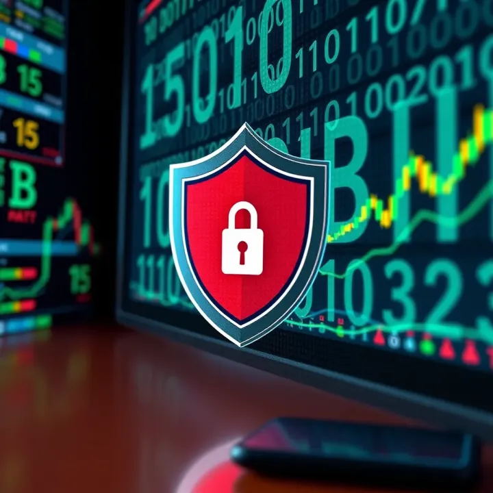 Ensuring Secure Trading through Regulation and Compliance Conceptual graphic representing secure online trading with shield and binary code