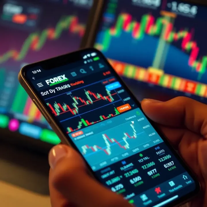 Mobile phone displaying a forex trading app interface with charts and currency pairs