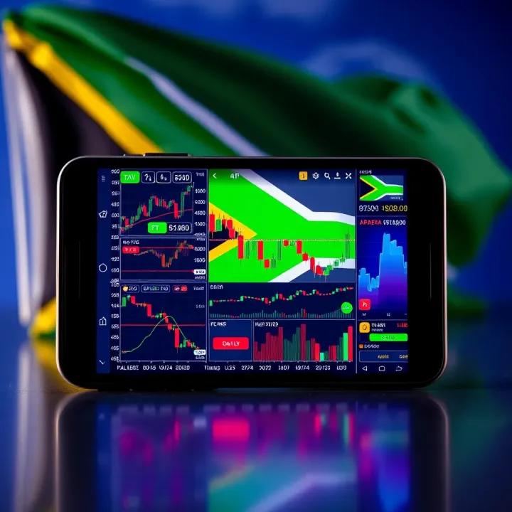 Mobile phone displaying various forex trading charts and real-time market data with a South African flag in the background
