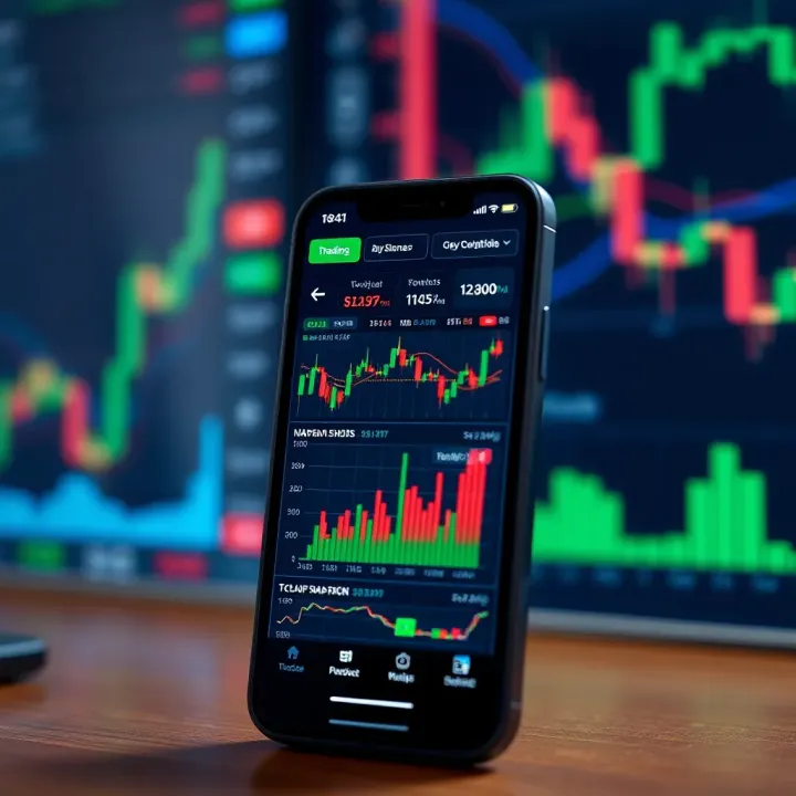 Mobile phone displaying various financial charts and trading indicators