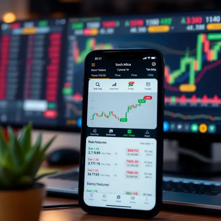 Interface showcasing major features of a forex trading app on a smartphone with South African financial market data