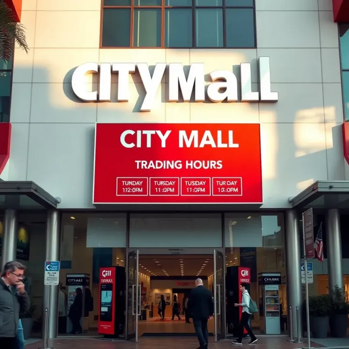 Exterior view of City Mall displaying entrance and operational hours