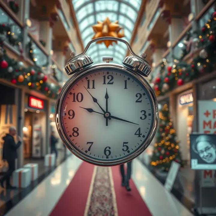 City Mall Special Trading Hours During Holidays Clock overlaid on a shopping mall with holiday decorations
