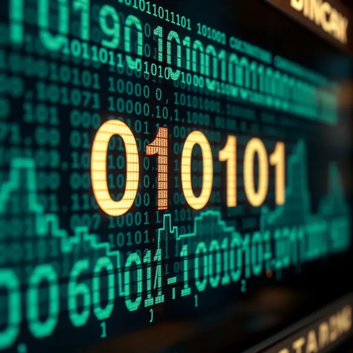 Binary Digits Derived from Hexadecimal Code Visualization Visual representation of binary digits emerging from a hexadecimal code snippet on a digital interface