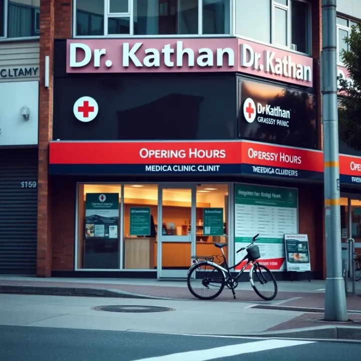Exterior view of Dr Kathan's medical clinic in Grassy Park with clear operating hours displayed