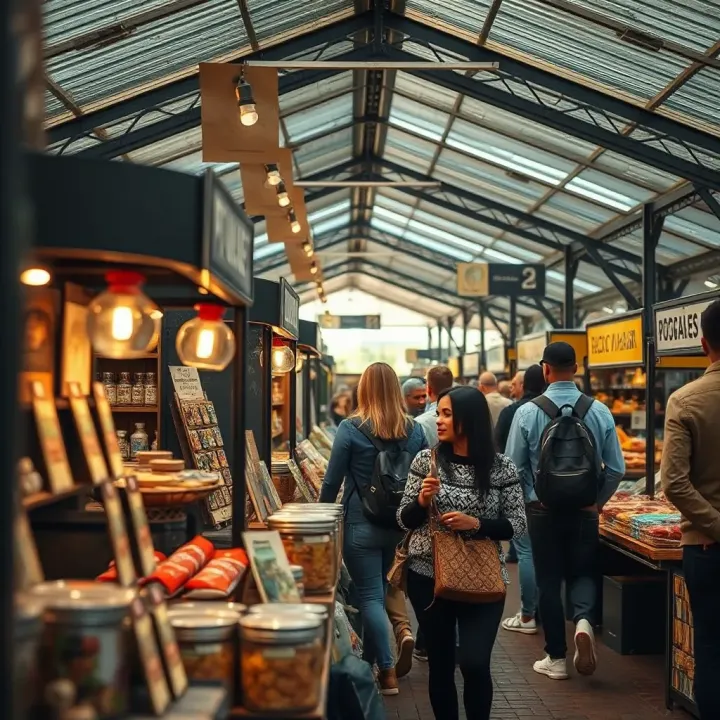 Visitors exploring various local vendor booths with artisanal foods and unique products at Durbanville Market
