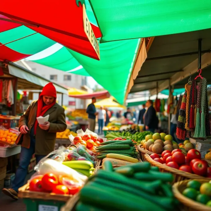 Colorful stalls at Durbanville Market showcasing fresh fruits, vegetables, and handmade crafts under bright canopies