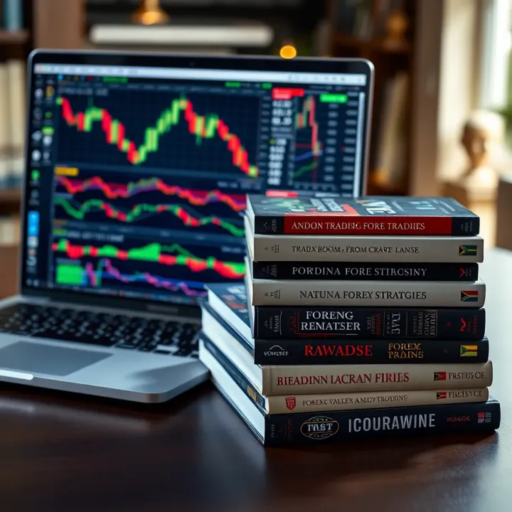 Advanced Forex Trading Strategies and Market Analysis Books stacked next to a laptop displaying forex trading charts and financial data
