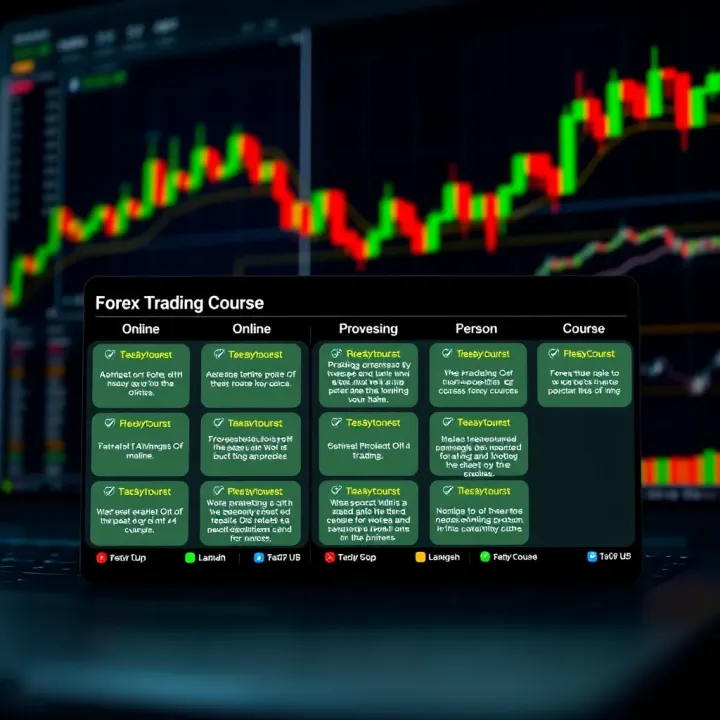 Illustration showing various online and in-person forex trading course options with financial charts in the background