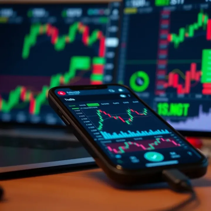 Mobile device displaying a demo trading app interface with various financial charts and market indicators