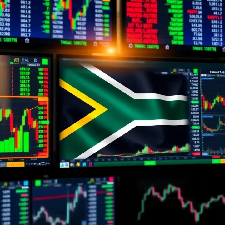 Forex Signals Tailored for South African Traders South African flag overlay on financial data screens representing forex trading signals