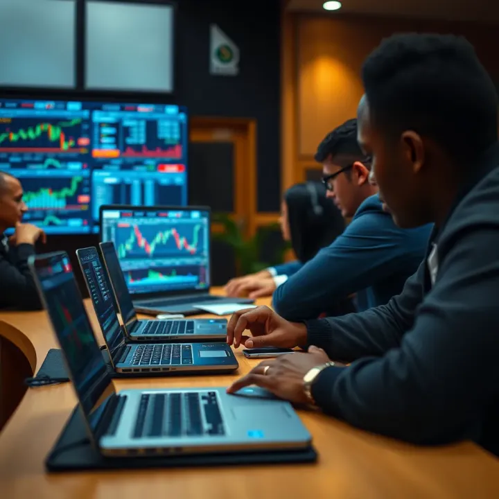Classroom setting with students learning about forex trading on laptops in South Africa