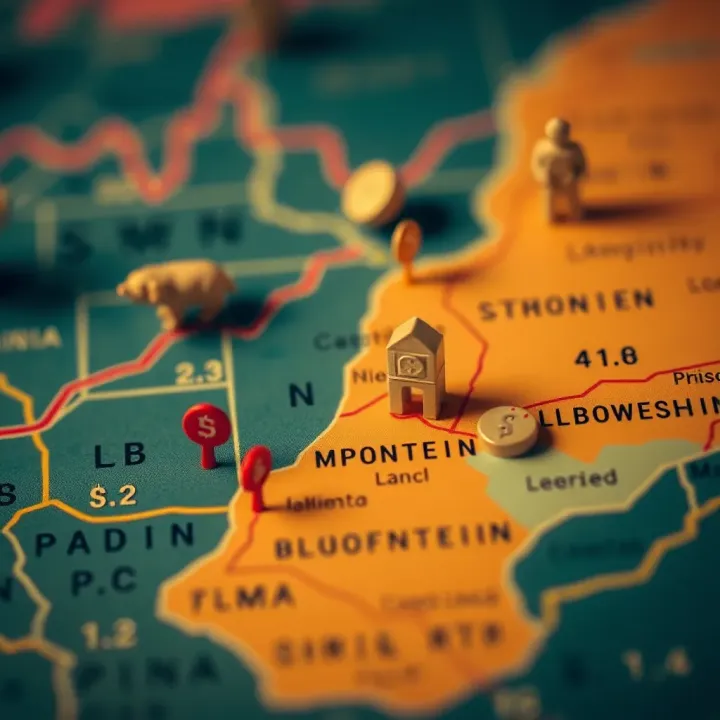 Local Market Factors Affecting Forex Trading in Bloemfontein Map highlighting Bloemfontein with financial symbols representing local market influences