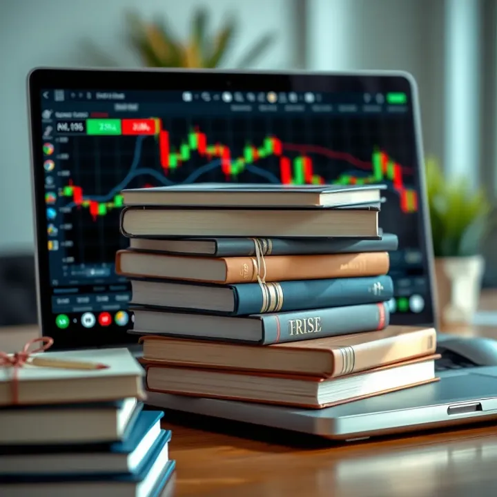 Comprehensive Forex Trading Resources for Market Insights Stack of forex trading books with a laptop showing currency market data