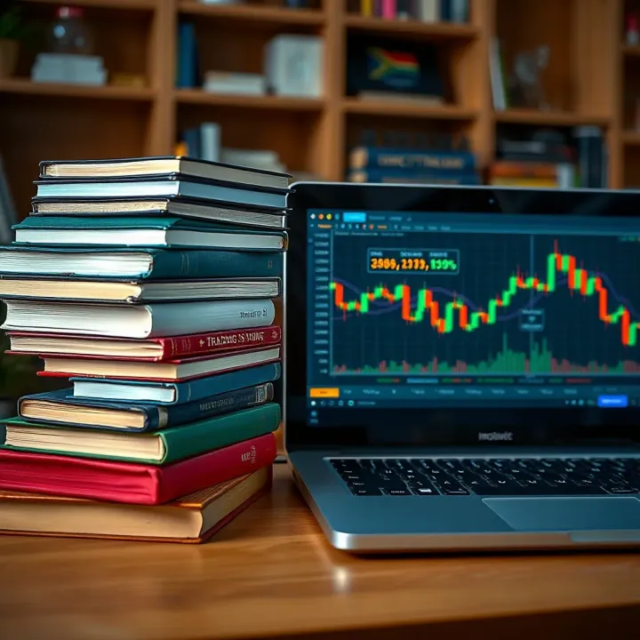 Stack of educational books and a laptop displaying forex trading charts and course materials