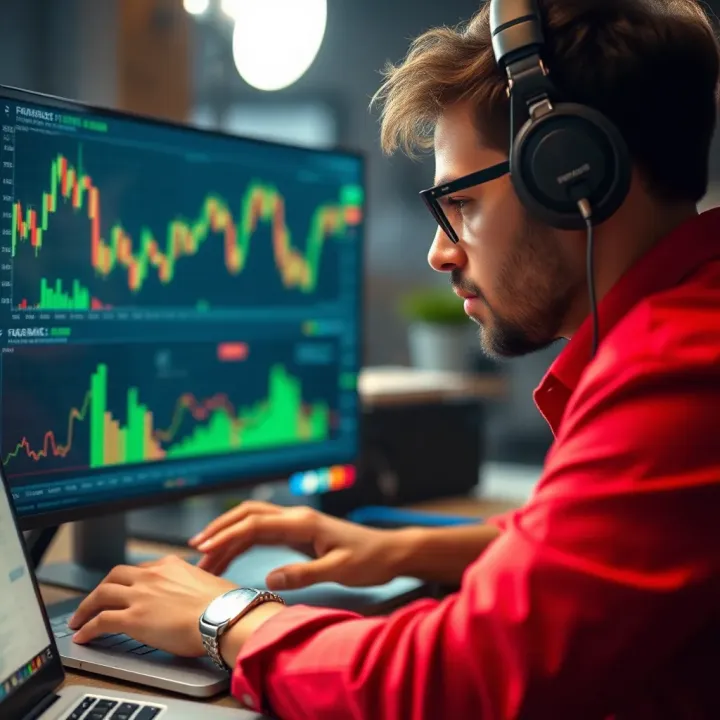 Trader working on laptop with forex charts displayed, illustrating focus on market analysis