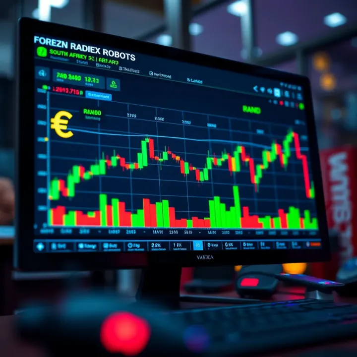 Automated Forex Trading with Rand Currency Analytics Digital interface showing automated forex trading charts with South African rand currency symbols