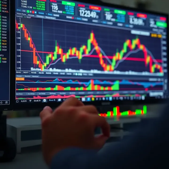 Close-up of financial graphs and forex market charts on computer screen