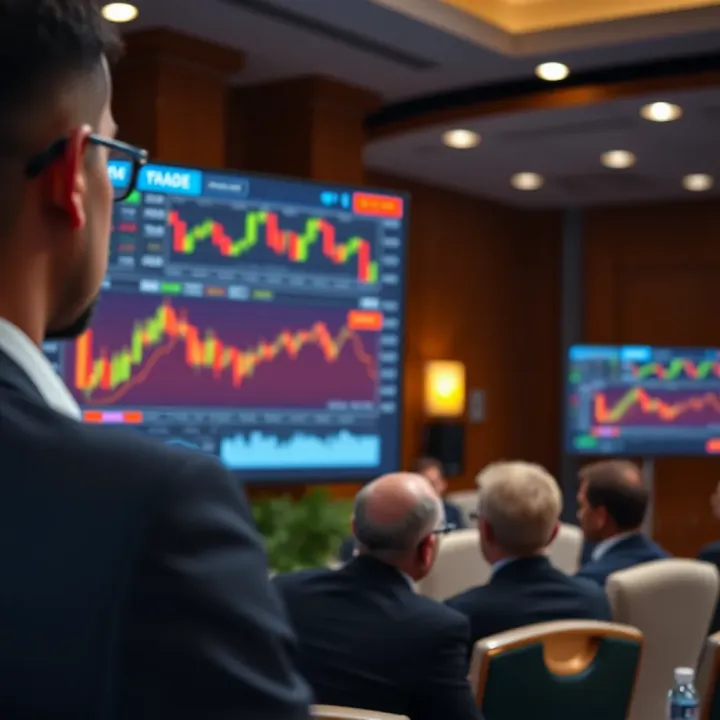 Key Forex Trading Strategies Presented at Seminar Close-up of a speaker presenting key forex trading strategies with a digital screen showing market trends
