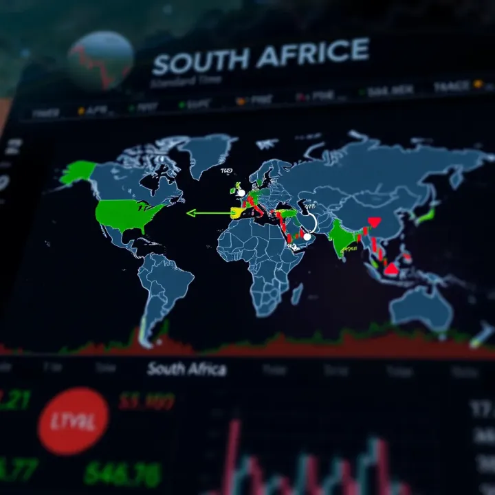 World map highlighting major forex trading sessions with South African time zone overlay