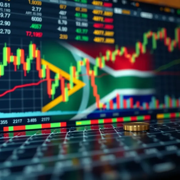 Forex Market Analysis with South African Regulatory Context Digital representation of forex market charts with South African flag overlay