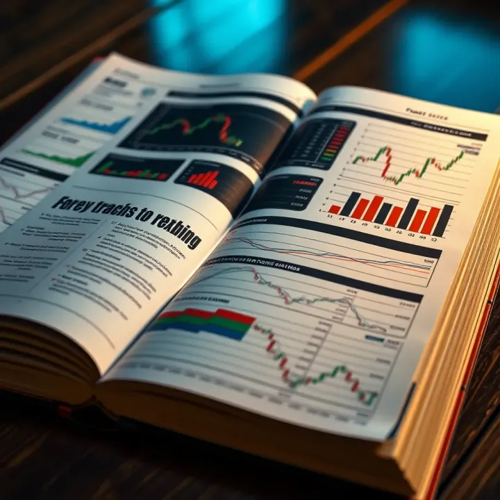 Detailed Forex Trading Strategies and Market Analysis Open book with forex charts and graphs alongside notes highlighting trading strategies and market analysis