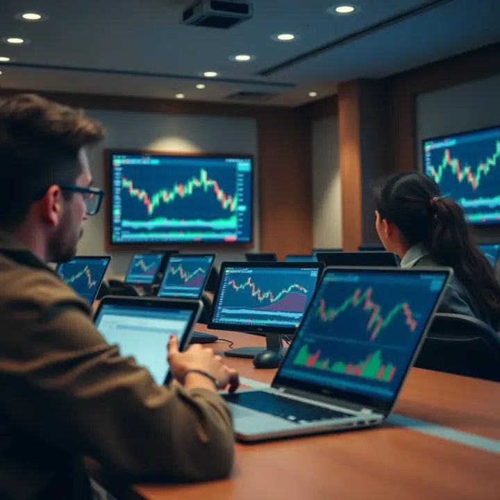 Interactive Forex Trading Training Session Classroom setting with students learning forex trading concepts on laptops with financial graphs on screens