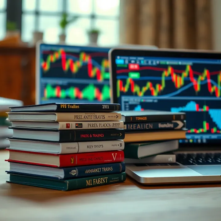 Collection of forex trading books stacked beside laptop showing trading graphs