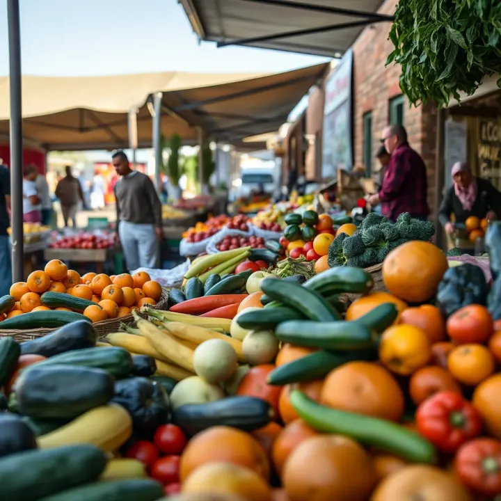 Fresh assortment of fruits and vegetables displayed at a vibrant outdoor market in Somerset West