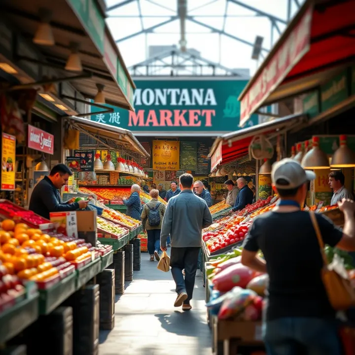 Active Trading Scene at Montana Market Fruit and Vegetable Section Market traders and buyers engaging in lively trade under natural daylight at Montana Market
