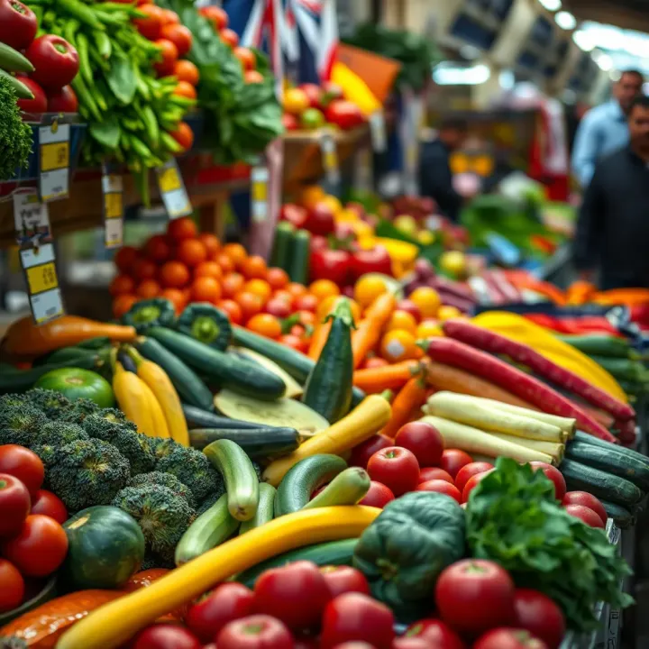 Fresh fruits and vegetables neatly arranged at a bustling Montana Market stall