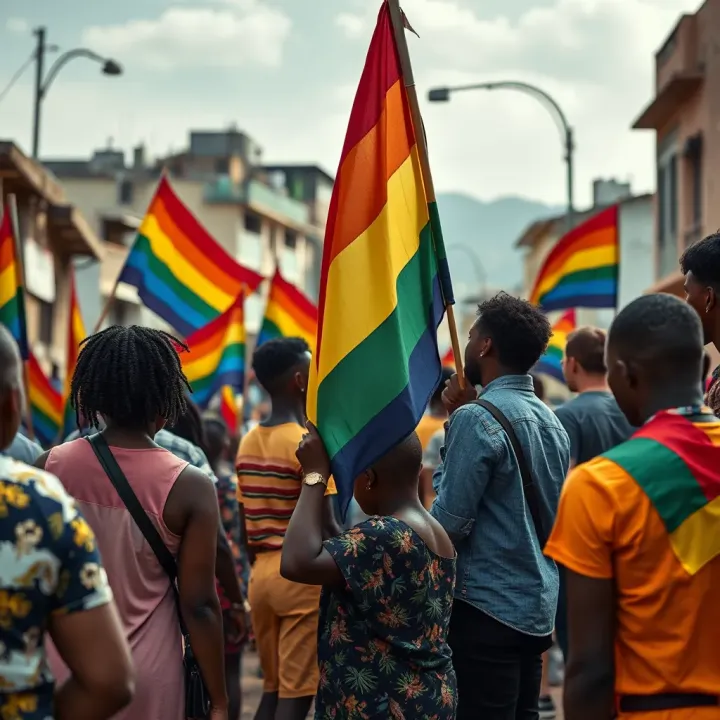 Community Embracing Gender Non-Binary Identities in South Africa South African urban backdrop with inclusive community gathering featuring rainbow flags promoting gender inclusivity and support