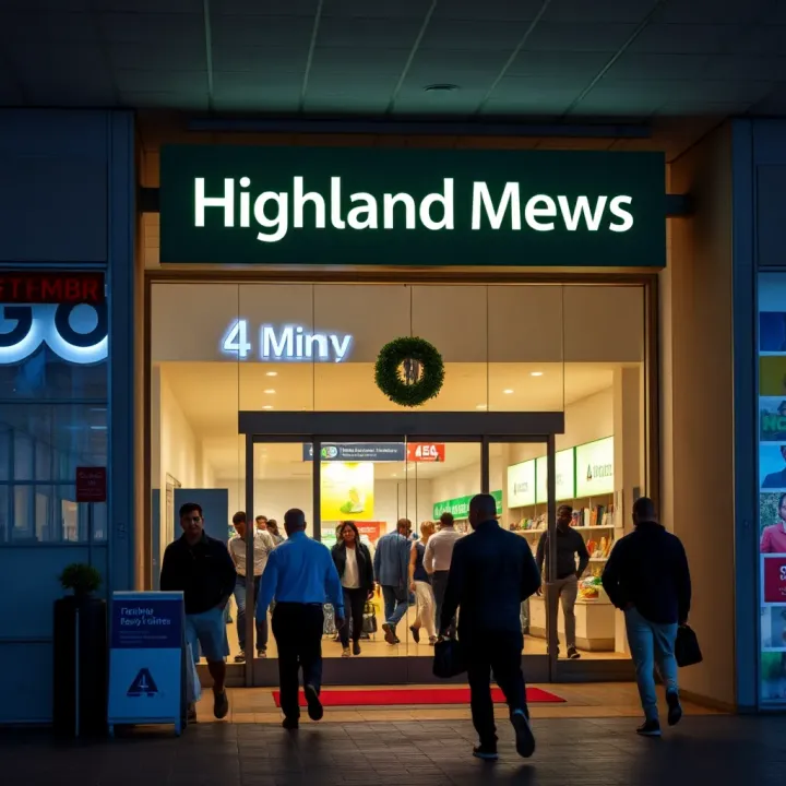 Entrance of Highland Mews shopping centre in Witbank with clear signage and visitors walking in