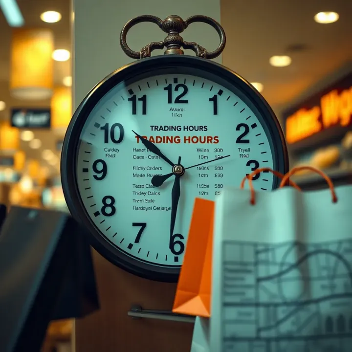Clock showing typical trading hours with shopping bags and a map of nearby amenities