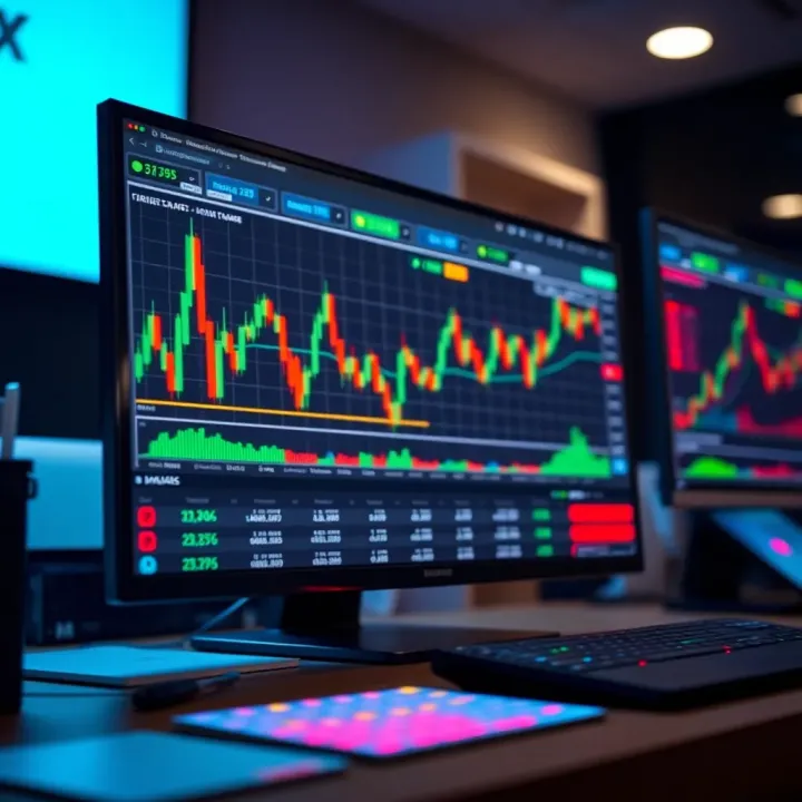Computer screen with forex demo account dashboard and trading charts