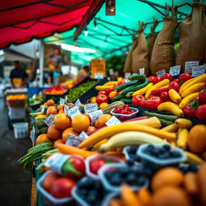 Colorful fresh fruits and vegetables displayed neatly at a vibrant outdoor market stall in Kuilsriver
