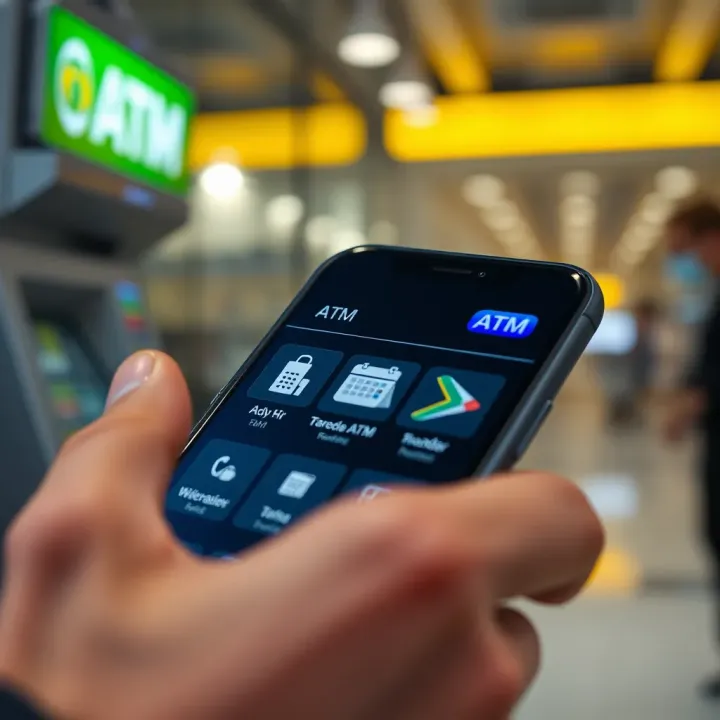 Digital banking interface on smartphone with ATM and calendar icons