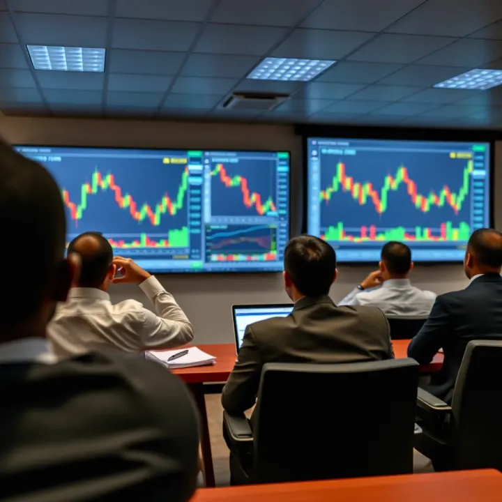 Forex Trading Seminar in Progress with Chart Analysis A classroom setting with forex charts projected on a screen during a trading seminar