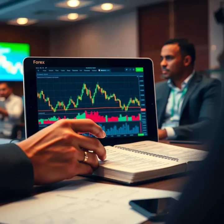 Analyzing Forex Market Trends During Durban Seminar A detailed forex market chart displayed on a digital device alongside seminar notes