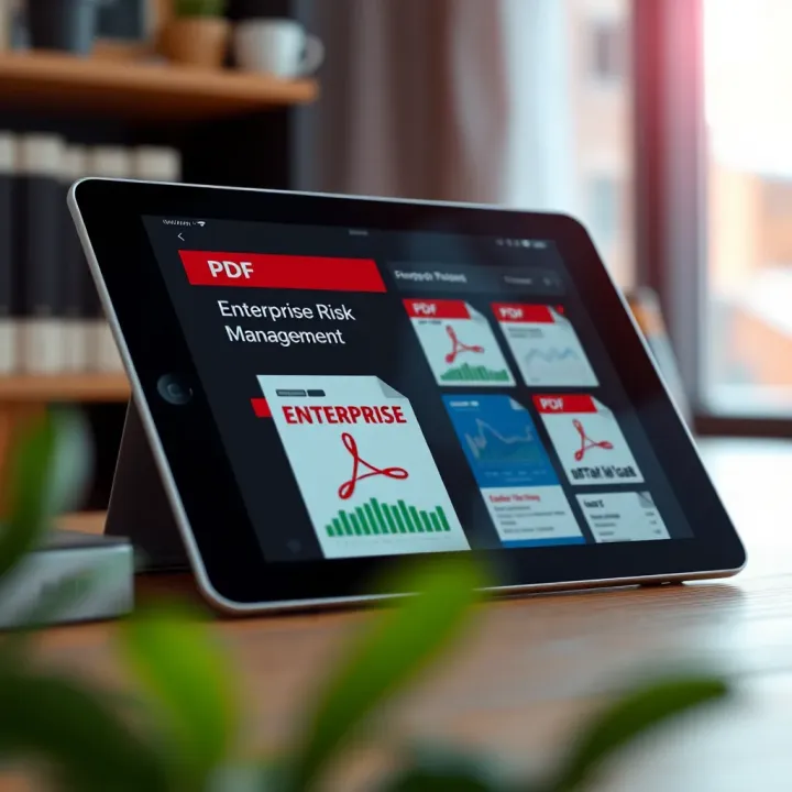 Digital PDF Resources for Enterprise Risk Management Digital tablet displaying a selection of PDF books on enterprise risk management