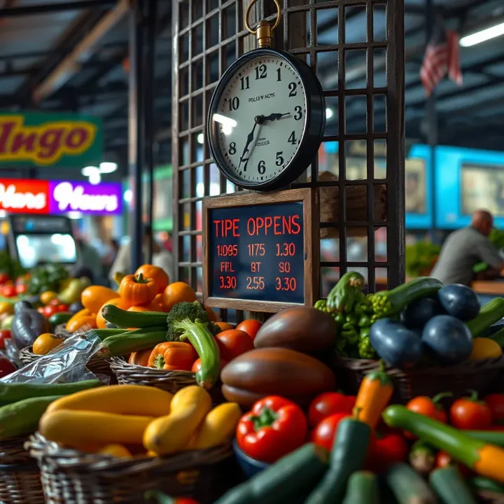 Trading Hours of Polokwane Fruit and Vegetable Markets Market clock showing opening hours alongside colorful baskets of seasonal vegetables