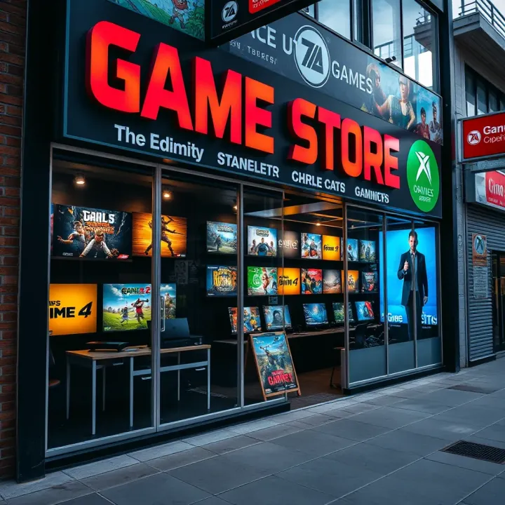 Exterior of a vibrant game store in Port Elizabeth featuring gaming posters and consoles visible through the windows