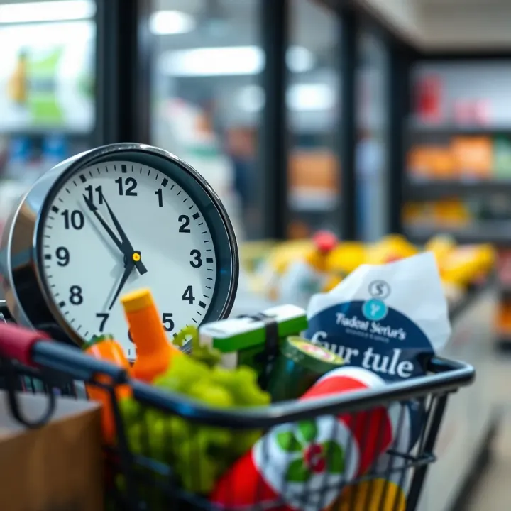 Clock showing typical opening time alongside a shopping basket filled with groceries