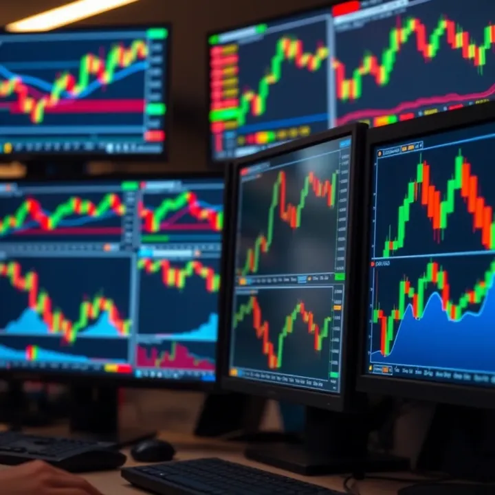 Illustration of various forex trading charts and candlestick patterns on computer screens