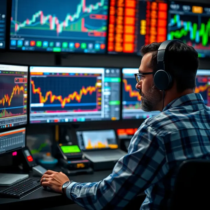 Conceptual graphic showing a trader analyzing video tutorials alongside live market data on multiple monitors