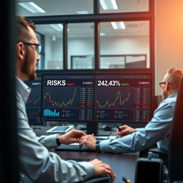 Business professionals analyzing risk factors on digital dashboard in corporate office