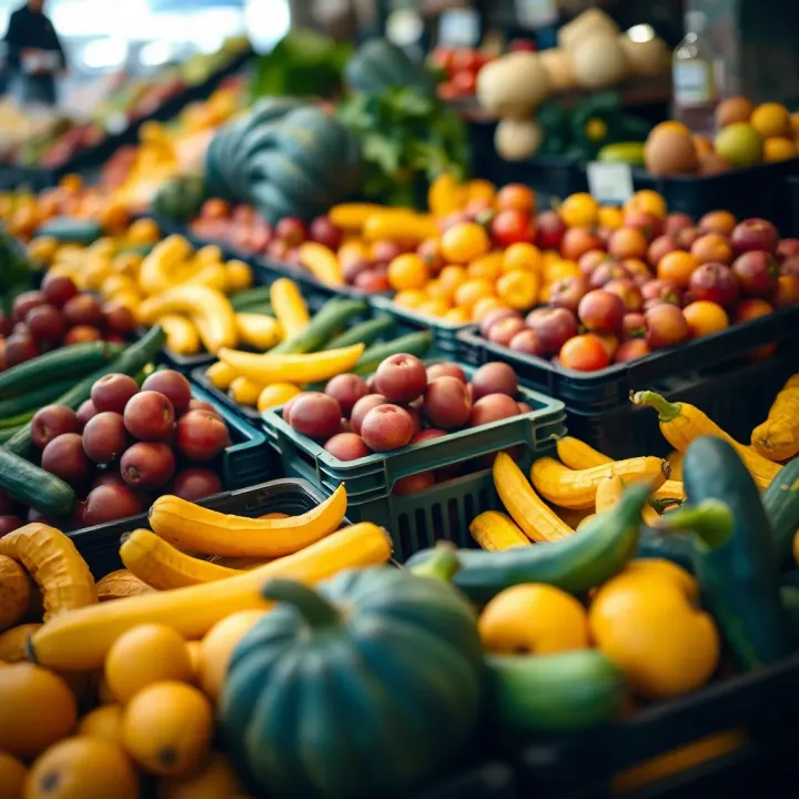 Seasonal Fruit and Vegetable Selection Colorful seasonal fruits and vegetables arranged in crates highlighting variety available throughout the year