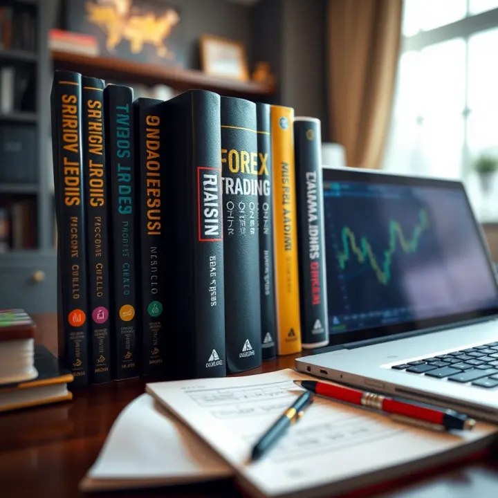 Choosing Forex Trading Books Suitable for Different Skill Levels Collection of forex trading books displayed alongside a laptop and notes